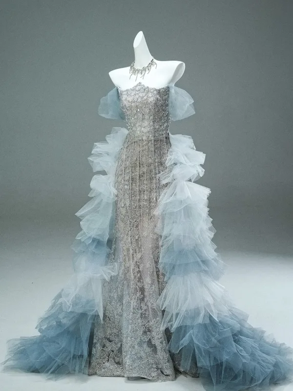 Scintillantes Luxe Argenté Perlage Volants en Cascade Paillettes Robe De Soirée 2025 Trompette / Sirène Bustier Sans Manches Dos Nu Train De Balayage Soirée Robe De Ceremonie