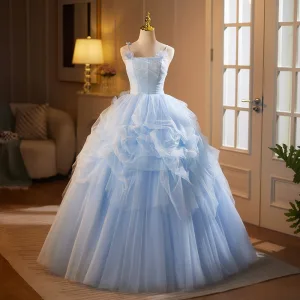 Chic Belle Bleu Ciel Volants En Cascade Appliques Robe De Bal 2025 Robe Boule Bretelles Spaghetti Sans Manches Dos Nu Longue Promo Robe De Ceremonie