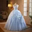 Chic / Beautiful Sky Blue Cascading Ruffles Appliques Prom Dresses 2025 Ball Gown Spaghetti Straps Sleeveless Backless Floor-Length / Long Prom Formal Dresses
