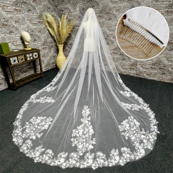 Charming White Pearl Lace Flower Wedding Veils 2024 Tulle