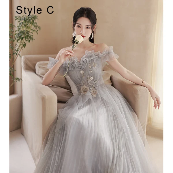 Modest / Simple Grey Lace Flower Bridesmaid Dresses 2022 A-Line / Princess Short Sleeve Backless Floor-Length / Long Wedding Party Dresses