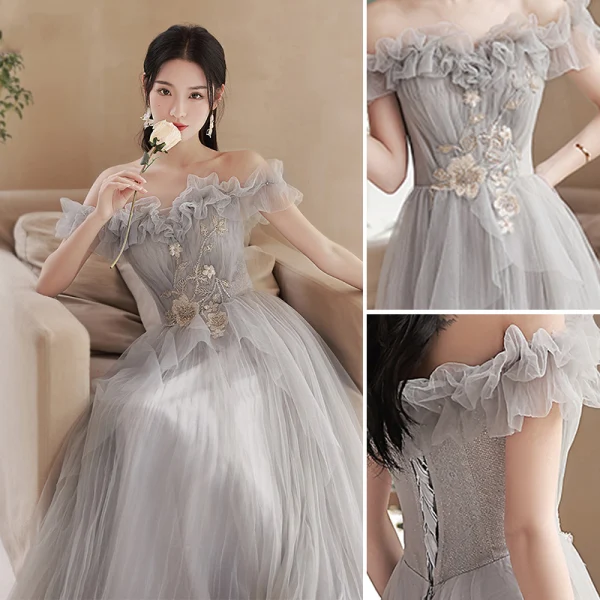 Modest / Simple Grey Lace Flower Bridesmaid Dresses 2022 A-Line / Princess Short Sleeve Backless Floor-Length / Long Wedding Party Dresses
