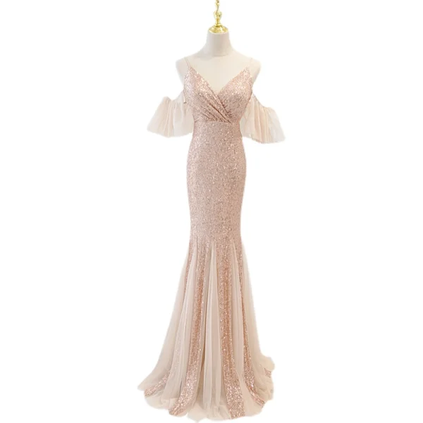 Scintillantes Sexy Champagne Paillettes Robe De Soirée 2022 Trompette / Sirène Bretelles Spaghetti Gonflée Manches Courtes Dos Nu Longue Soirée Robe De Ceremonie