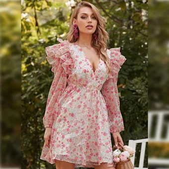 Chic Beautiful Casual Holiday Blushing Pink Floral Short Women Dresses 2022 V Neck Long Sleeve