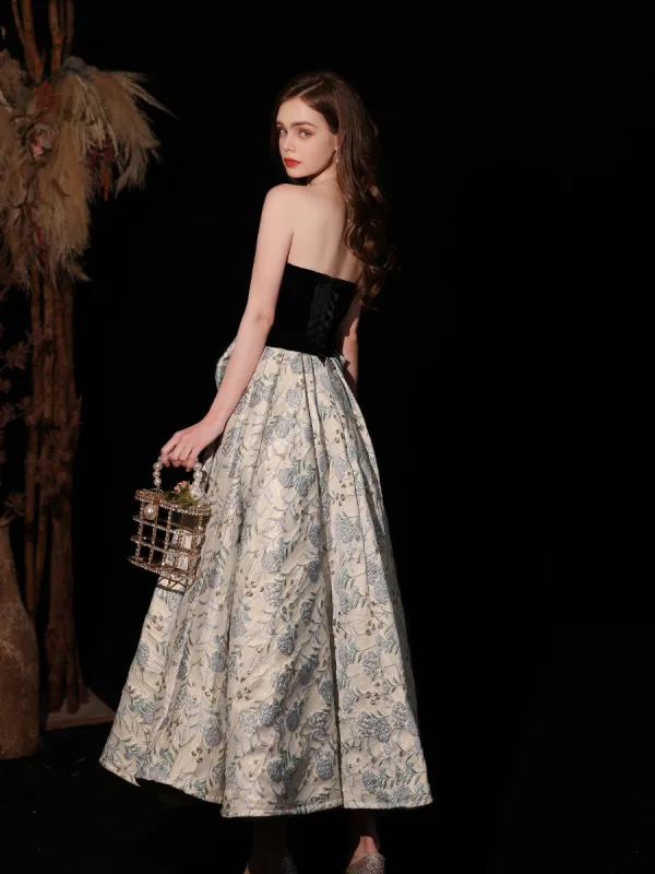 Charming Black Floral Evening Dresses 2022 A-Line / Princess Strapless Sleeveless Bow Backless Floor-Length / Long Evening Party Formal Dresses