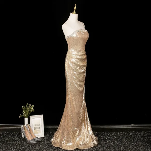Sexy Glitzernden Champagner Pailletten Abendkleider 2025 Meerjungfrau Bandeau Ärmellos Rückenfreies Lange Abend Festliche Kleider