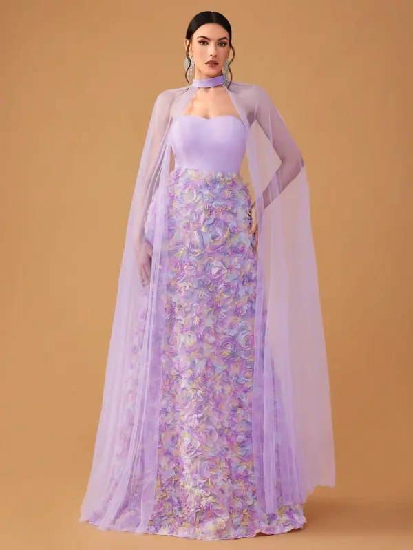 Lovely Lavender Multi-Colors Appliques Prom Dresses With Cloak 2025 A-Line / Princess Strapless Sleeveless Backless Floor-Length / Long Prom Formal Dresses