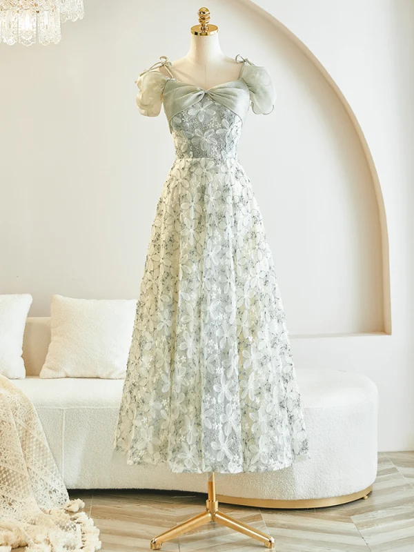 Chic / Beautiful Sage Green Flower Bridesmaid Dresses 2023 A-Line / Princess Puffy Short Sleeve Backless Tea-length Bridesmaid Dresses