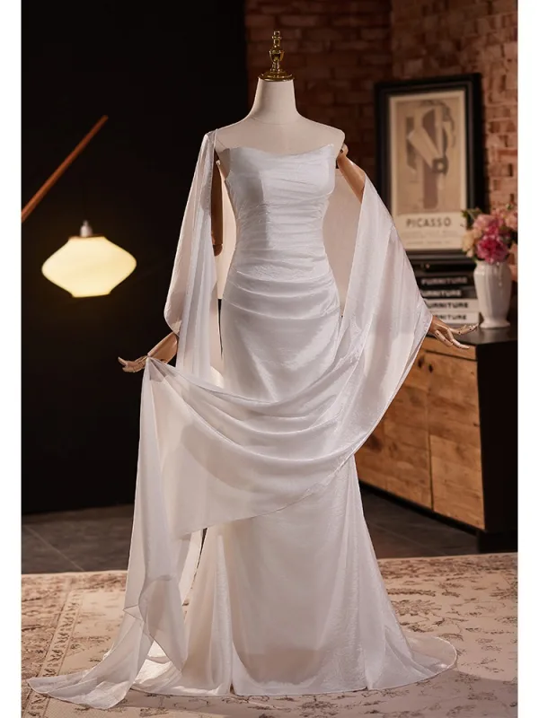 Modest / Simple White Satin Prom Dresses 2024 Trumpet / Mermaid Strapless Sleeveless Backless Sweep Train Prom Formal Dresses