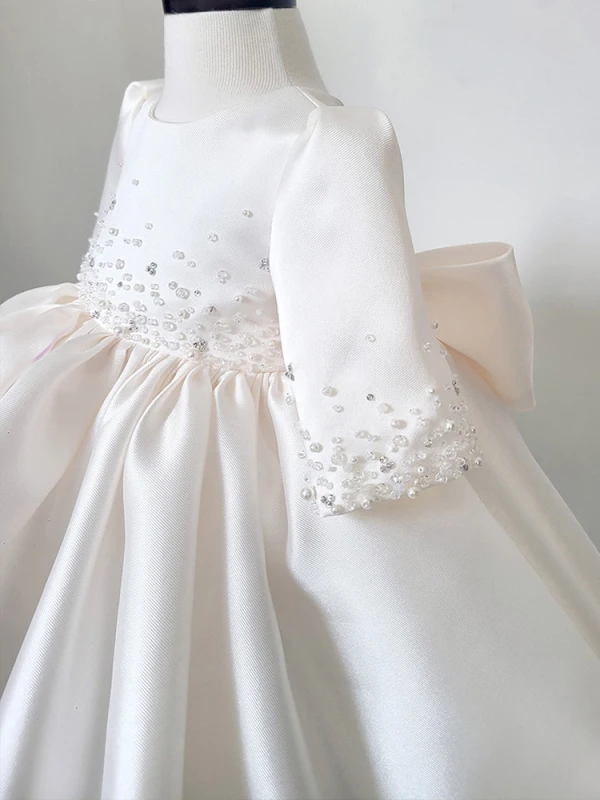 Chic / Beautiful White Beading Pearl Short Flower Girl Dresses 2023 Ball Gown Birthday Scoop Neck Short Sleeve Bow