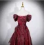 Chic / Beautiful Burgundy Prom Dresses 2026 A-Line / Princess Off-The-Shoulder Puffy Short Sleeve Backless Floor-Length / Long Formal Dresses