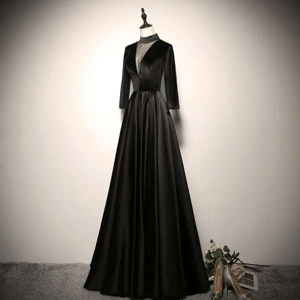 Audrey Hepburn Style Black Prom Dresses 2025 A-Line / Princess High Neck 3/4 Sleeve Backless Floor-Length / Long Prom Formal Dresses