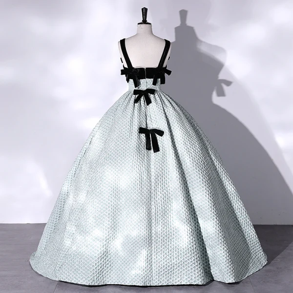 Fashion Black Prom Dresses 2022 Ball Gown Square Neckline Green Spotted Sleeveless Backless Bow Floor-Length / Long Formal Dresses