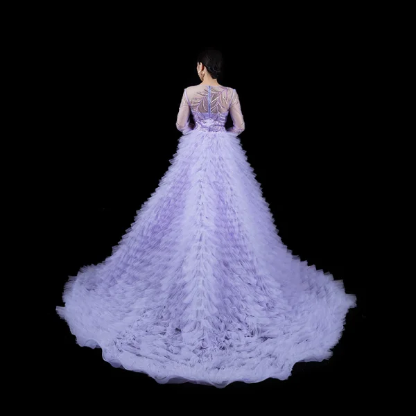 Luxe Charmant Lavande Fait main Perlage Faux Diamant Percé Robe De Soirée 2023 Trompette / Sirène Encolure Dégagée Manches Longues Tribunal Train Soirée Robe De Ceremonie