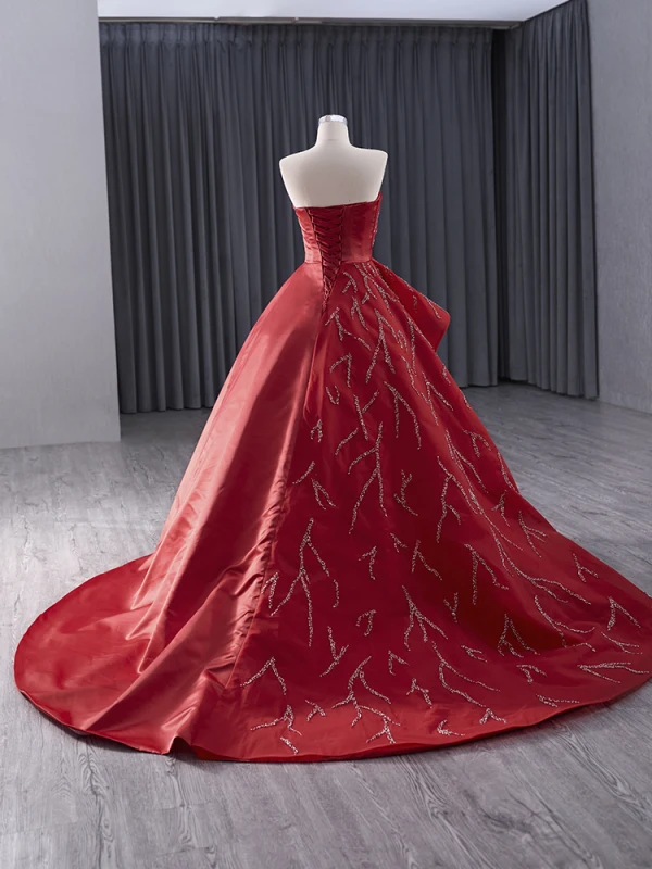 High-end Red Beading Prom Dresses 2024 Ball Gown Strapless Sleeveless Backless Court Train Prom Formal Dresses