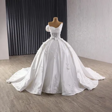 Haut De Gamme Blanche Fait Main Perlage Paillettes Appliques Robe De Mariée 2025 Robe Boule Une Épaule Sans Manches Dos Nu Tribunal Train