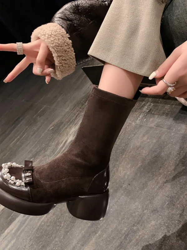 Fashion Black Street Wear Pearl Rhinestone Bow Womens Boots 2024 Leather 7 cm Block Heels Round Toe Boots