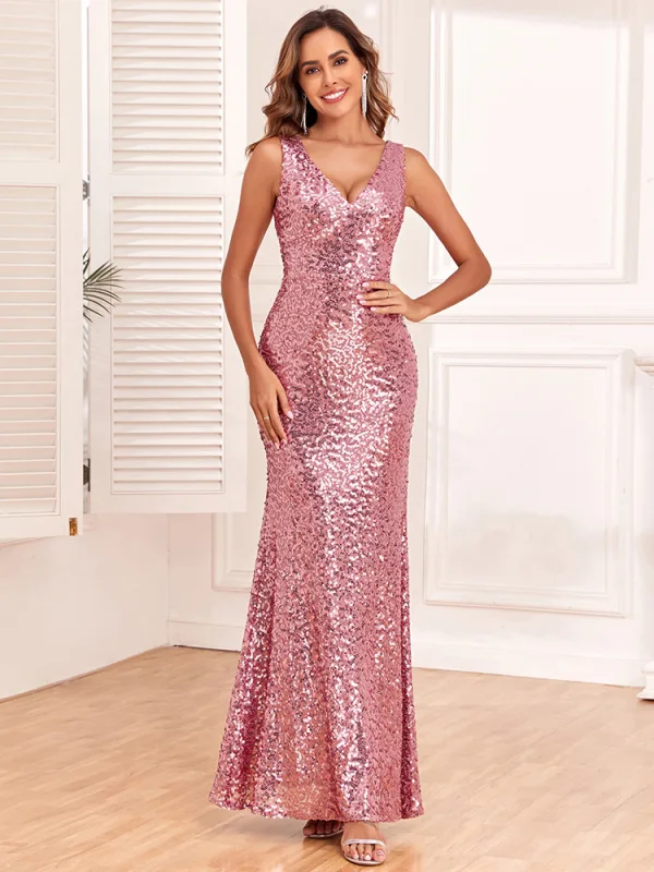 Sparkly Blushing Pink Sequins Evening Dresses 2024 Trumpet / Mermaid V-Neck Sleeveless Backless Floor-Length / Long Evening Party Formal Dresses