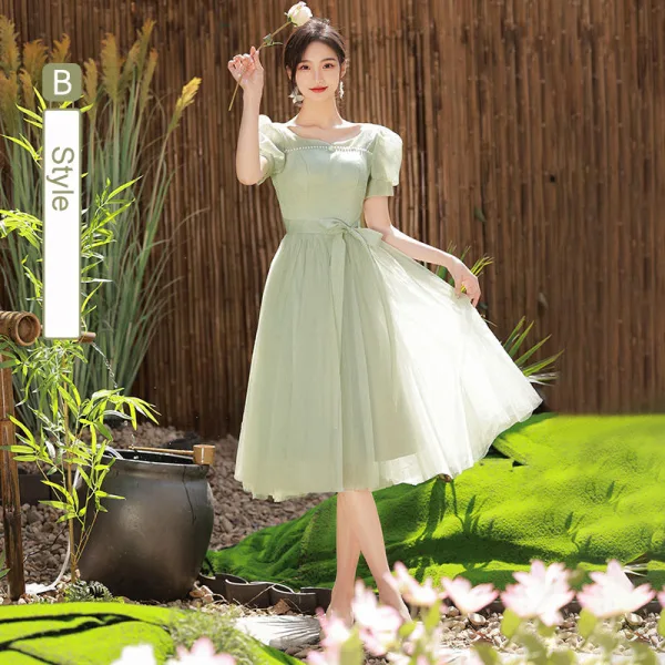Modest Simple Sage Green Bridesmaid Dresses 2022 A-Line Princess Short Sleeve Backless Modest Simple Sage Green Bridesmaid Dresses 2022 A-Line Princess Short Sleeve Backless