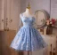 Chic / Belle Bleu Ciel Papillon Glitter Perle Paillettes Anniversaire Courte Robe De Fête 2025 Robe Boule Bretelles Spaghetti Sans Manches Dos Nu Robe De Ceremonie