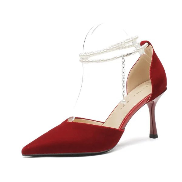 Fashion Red Prom Womens Sandals 2023 Pearl Ankle Strap 8 cm Stiletto Heels Pointed Toe Sandals High Heels