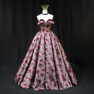 Vintage Retro Burgundy Rose Printing Prom Dresses 2022 A Line Princess Satin Strapless Sleeveless Backless Floor Length Long Prom Formal Dresses