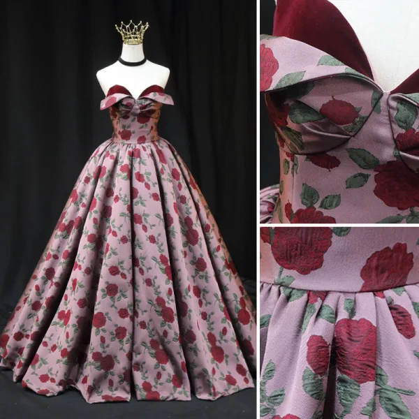 Vintage / Originale Bordeaux Rose Impression Robe De Bal 2022 Princesse Satin Bustier Sans Manches Dos Nu Longue Promo Robe De Ceremonie