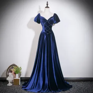 Vintage Retro Navy Blue Beading Prom Dresses 2026 A Line Princess Square Neckline Puffy Short Sleeve Backless Floor Length Long Formal Dresses