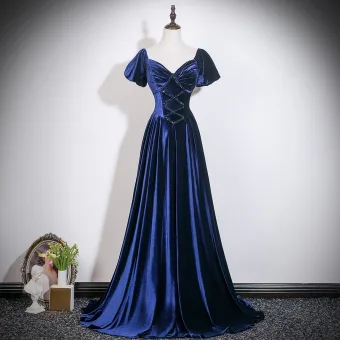 Vintage Originale Bleu Marine Perlage Robe De Bal 2026 Princesse Encolure Carrée Gonflée Manches Courtes Dos Nu Longue Robe De Ceremonie