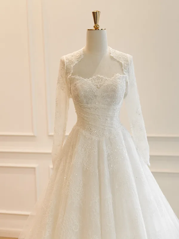 Luxury / Gorgeous White Handmade Beading Lace Flower Sequins Wedding Dresses 2026 A-Line / Princess Strapless Long Sleeve Floor-Length / Long