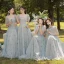 Chic / Belle Bleu Ciel Papillon Appliques Robe Demoiselle D'honneur 2022 Princesse Encolure Carrée Manches Courtes Dos Nu Longue