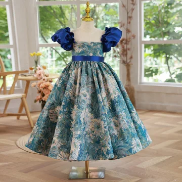 Vintage Originale Bleu Roi Anniversaire Brodé Robe Ceremonie Fille 2022 Princesse Encolure Dégagée Gonflée Manches Courtes Ceinture Longue Robe Ceremonie Fille