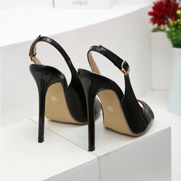 Sexy Black Cocktail Party Patent Leather Womens Sandals 2022 12 cm Stiletto Heels Open / Peep Toe Sandals High Heels
