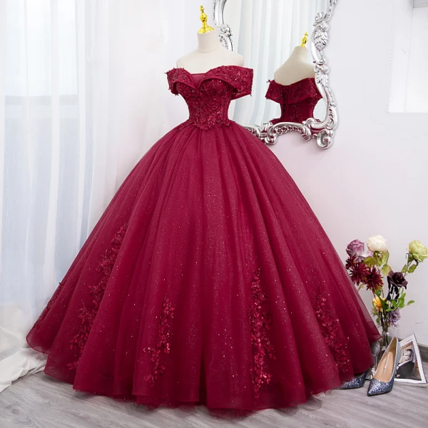 Elegant Burgundy Beading Sequins Lace Flower Prom Dresses 2022 Ball Gown Off-The-Shoulder Short Sleeve Backless Floor-Length / Long Prom Formal Dresses
