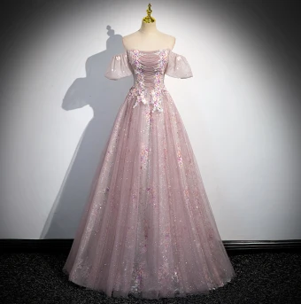 Chic Belle Rougissant Rose Perlage Appliques Paillettes Robe De Bal 2024 Princesse De L Épaule Manches Courtes Dos Nu Longue Promo Robe De Ceremonie