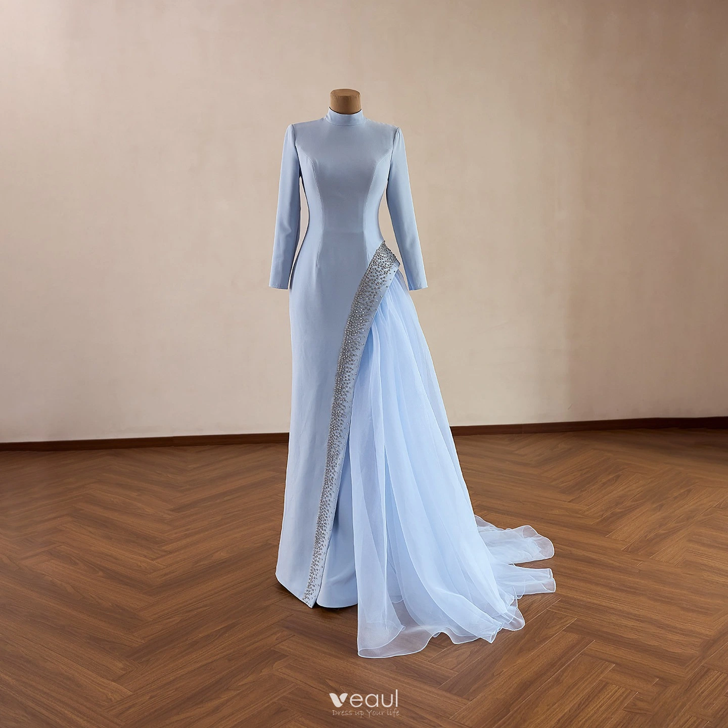 Muslim Sky Blue Rhinestone Prom Dresses 2026 Trumpet Mermaid High Neck Long  Sleeve Sweep Train Formal Dresses