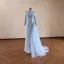 Musulmane Bleu Ciel Faux Diamant Robe De Bal 2026 Trompette / Sirène Col Haut Manches Longues Train De Balayage Robe De Ceremonie