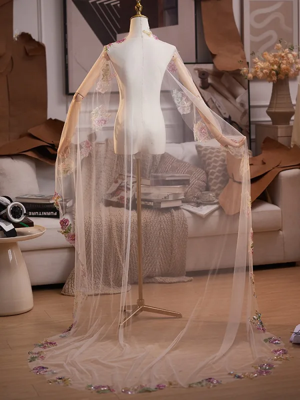 Chic / Beautiful Blushing Pink Lace Flower Prom shawl 2025 Tulle