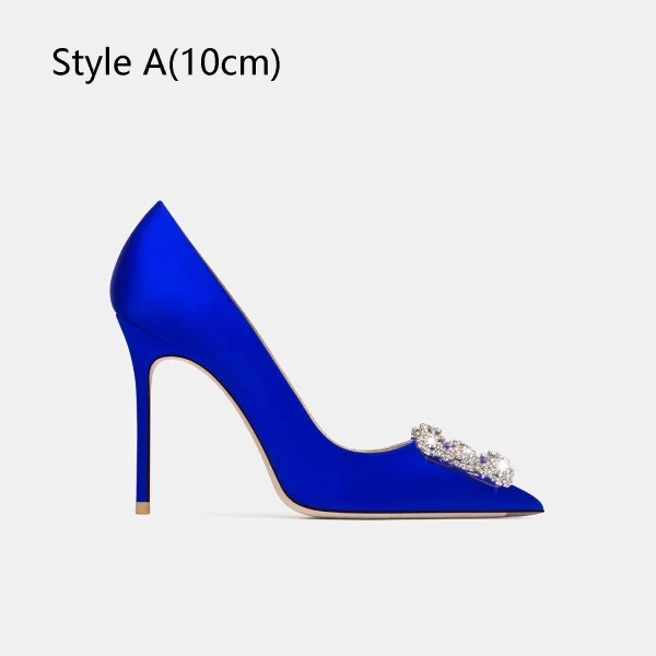 Elegant Royal Blue Satin Rhinestone Prom Pumps 2024 10 cm Stiletto Heels Pointed Toe Pumps High Heels
