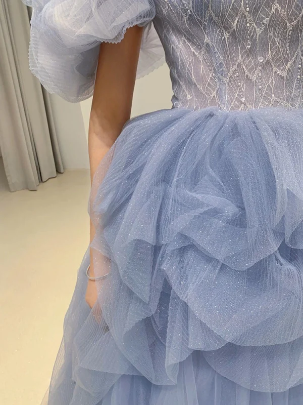 Chic / Beautiful Sky Blue Cascading Ruffles Sequins Prom Dresses 2023 A-Line / Princess Off-The-Shoulder Puffy Short Sleeve Backless Floor-Length / Long Prom Formal Dresses