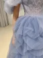 Chic / Beautiful Sky Blue Cascading Ruffles Sequins Prom Dresses 2023 A-Line / Princess Off-The-Shoulder Puffy Short Sleeve Backless Floor-Length / Long Prom Formal Dresses