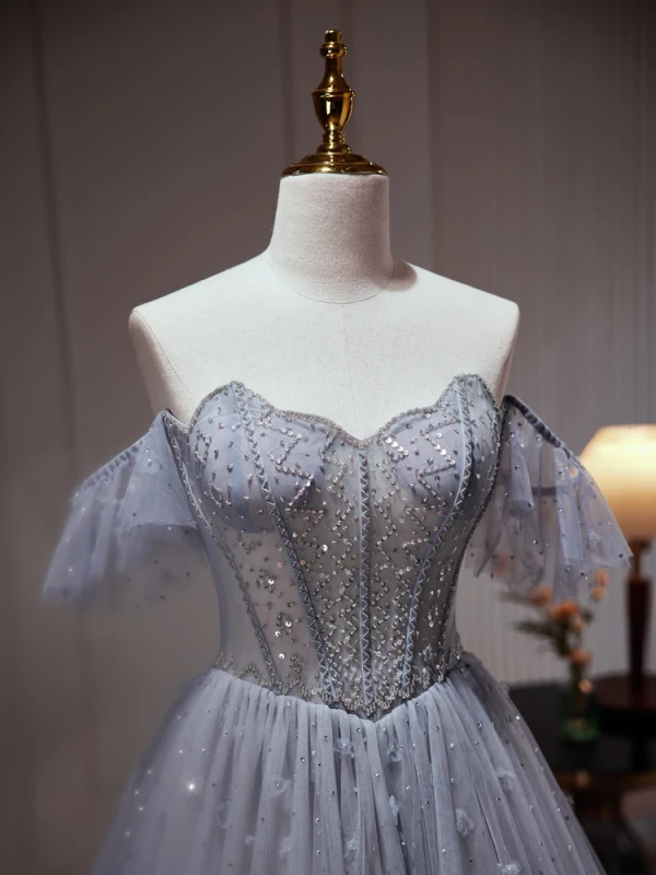 Charmant Meeresblau Perlenstickerei Pailletten Ballkleider 2023 A Linie Off Shoulder Kurze Ärmel Rückenfreies Lange Ball Festliche Kleider
