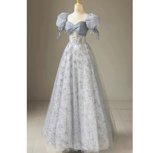 Chic / Beautiful Silver Grey Sequins Prom Dresses 2023 A-Line / Princess Square Neckline Puffy Short Sleeve Backless Bow Floor-Length / Long Prom Formal Dresses