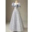 Chic / Beautiful Silver Grey Sequins Prom Dresses 2023 A-Line / Princess Square Neckline Puffy Short Sleeve Backless Bow Floor-Length / Long Prom Formal Dresses
