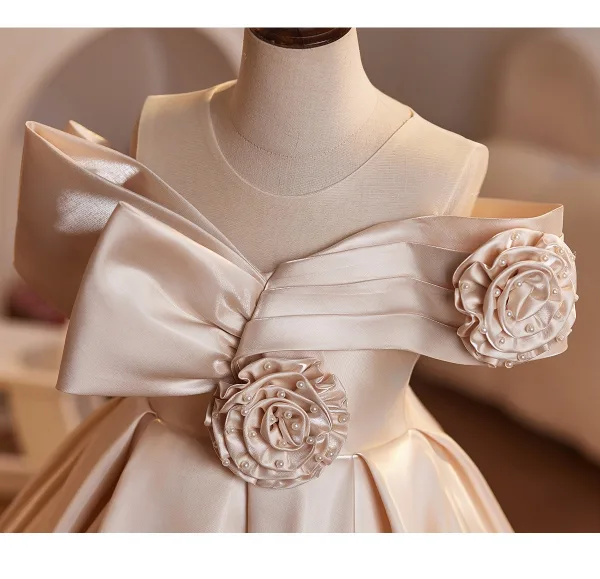 Elegant Champagne Pearl Flower Birthday Flower Girl Dresses 2025 Ball Gown Scoop Neck Short Sleeve Backless Floor-Length / Long