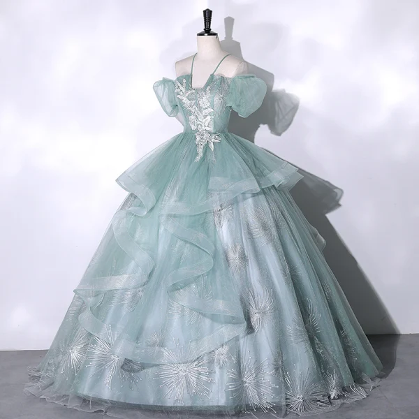Elegant Sage Green Beading Lace Flower Cascading Ruffles Prom Dresses 2023 Ball Gown Spaghetti Straps Short Sleeve Backless Floor-Length / Long Prom Formal Dresses
