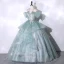 Elegant Sage Green Beading Lace Flower Cascading Ruffles Prom Dresses 2023 Ball Gown Spaghetti Straps Short Sleeve Backless Floor-Length / Long Prom Formal Dresses