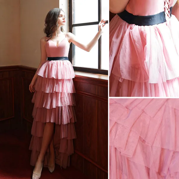 Charmant Pink Fallende Rüsche Abend Partykleider 2022 A Linie Spaghettiträger Ärmellos Rückenfreies Stoffgürtel Asymmetrisch Festliche Kleider