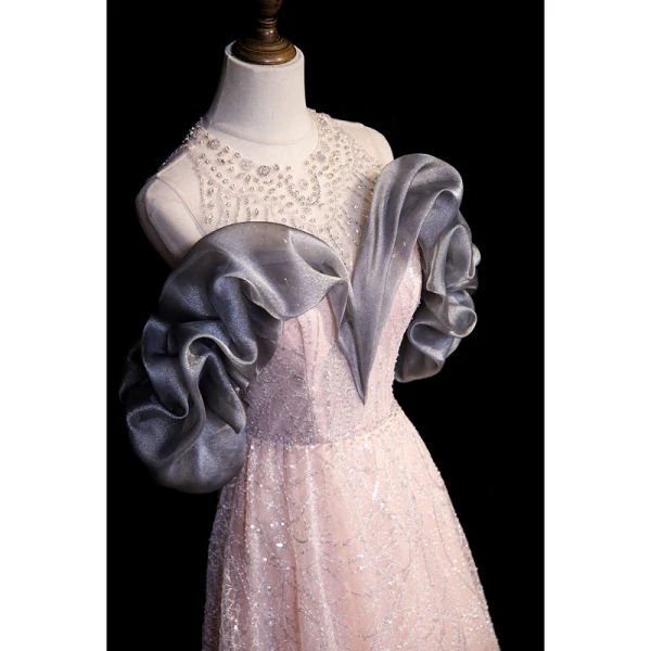 High-end Charming Blushing Pink Beading Sequins Prom Dresses 2023 A-Line / Princess Scoop Neck Sleeveless Backless Floor-Length / Long Formal Dresses