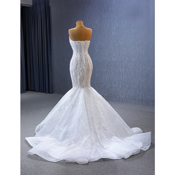 Luxury / Gorgeous Sexy White Beading Pearl Glitter Wedding Dresses 2023 Trumpet / Mermaid Strapless Sleeveless Backless Sweep Train Wedding